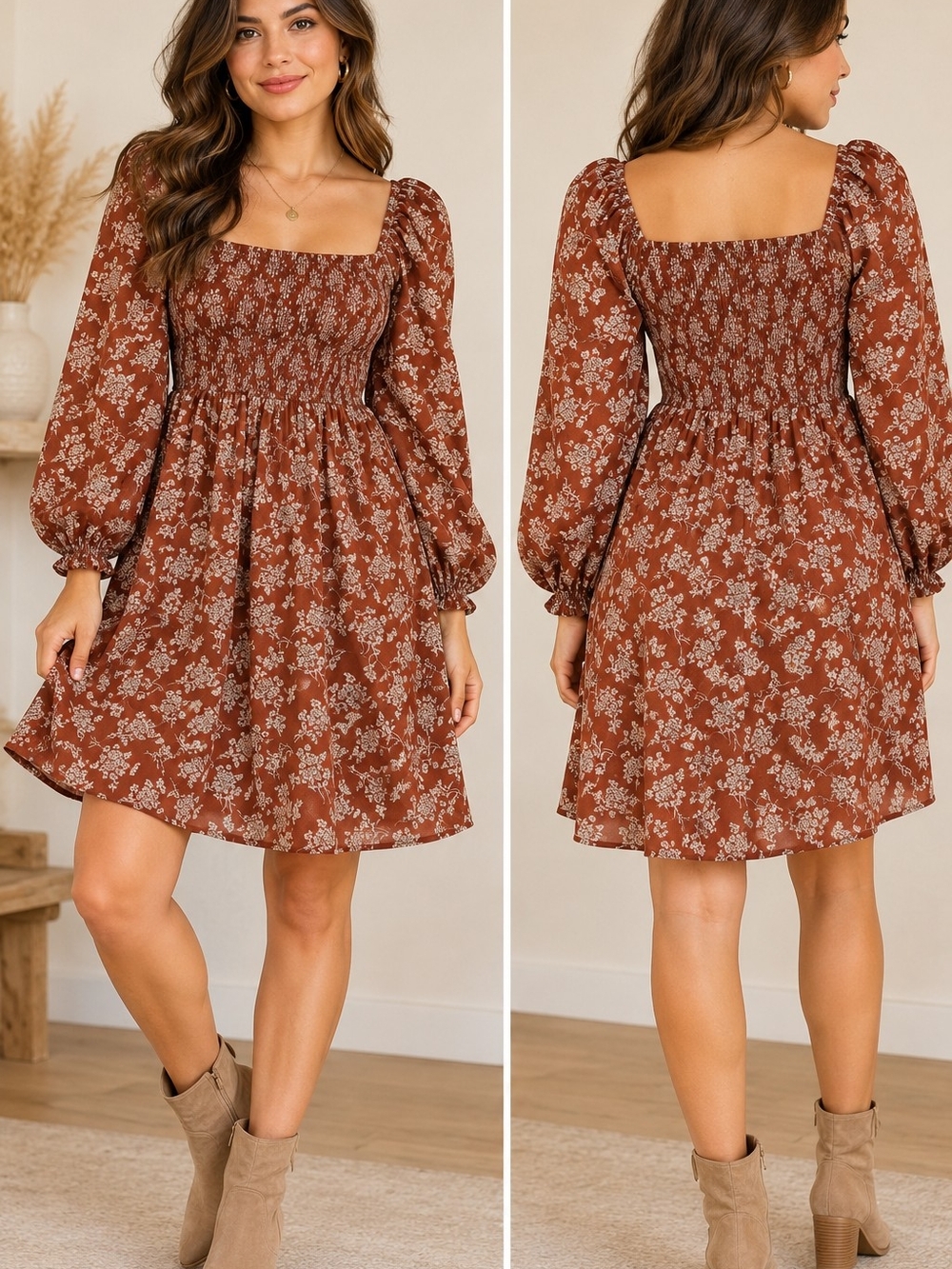 Square-Neck Smocked Mini Dress in Rust Floral